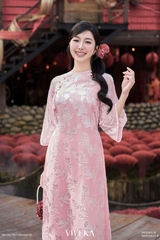 Set áo dài Uyển Sa tơ dệt 4 tà layer hồng + quần nhũ hồng