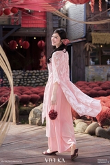 Set áo dài Uyển Sa tơ dệt 4 tà layer hồng + quần nhũ hồng