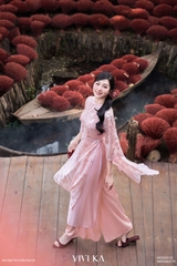 Set áo dài Uyển Sa tơ dệt 4 tà layer hồng + quần nhũ hồng