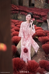 Set áo dài Uyển Sa tơ dệt 4 tà layer hồng + quần nhũ hồng