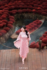 Set áo dài Uyển Sa tơ dệt 4 tà layer hồng + quần nhũ hồng