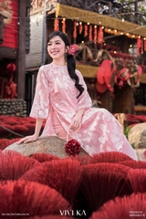 Set áo dài Uyển Sa tơ dệt 4 tà layer hồng + quần nhũ hồng