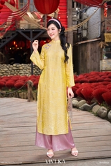 Set áo dài Ngọc Kim gấm vàng + quần nhũ hồng