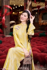 Set áo dài Ngọc Kim gấm vàng + quần nhũ hồng