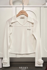 Áo Susan thun gân dài tay phối hoa