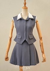 Set áo ghile sọc cổ trắng + chân váy