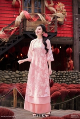Set áo dài Uyển Sa tơ dệt 4 tà layer hồng + quần nhũ hồng