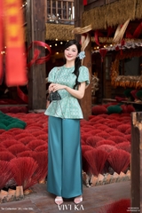 Set Lam Dao thục áo gấm Tống + quần dài lụa xanh