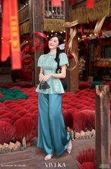 Set Lam Dao thục áo gấm Tống + quần dài lụa xanh