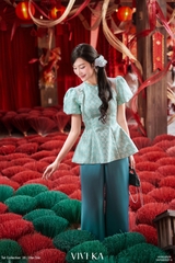 Set Lam Dao thục áo gấm Tống + quần dài lụa xanh