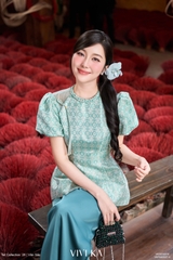 Set Lam Dao thục áo gấm Tống + quần dài lụa xanh