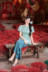 Set Lam Dao thục áo gấm Tống + quần dài lụa xanh