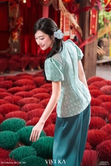 Set Lam Dao thục áo gấm Tống + quần dài lụa xanh