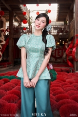 Set Lam Dao thục áo gấm Tống + quần dài lụa xanh