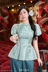 Set Lam Dao thục áo gấm Tống + quần dài lụa xanh