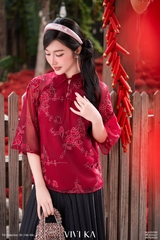 Áo Bellamy kiểu truyền thống tơ thêu kem