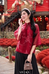 Áo Bellamy kiểu truyền thống tơ thêu kem