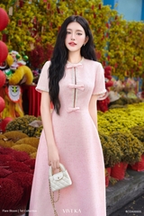 Đầm Aurora kẻ line viền sợi phối nơ