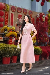 Đầm Aurora kẻ line viền sợi phối nơ