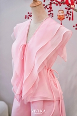 Set áo tơ phối bèo + quần short taffta