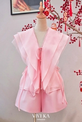 Set áo tơ phối bèo + quần short taffta