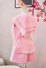 Set áo tơ phối bèo + quần short taffta