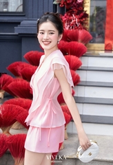 Set áo tơ phối bèo + quần short taffta