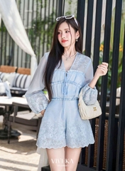Jumsuit boi thêu nhún ngực cột nơ