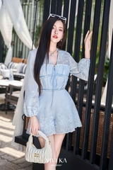 Jumsuit boi thêu nhún ngực cột nơ