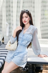 Jumsuit boi thêu nhún ngực cột nơ