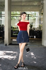Quần váy Evelyn tà gập phom A viền chỉ nổi