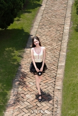 Áo knit kem phối hồng - cộc tay
