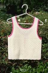 Áo knit kem phối hồng - cộc tay