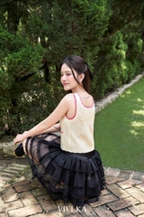 Áo knit kem phối hồng - cộc tay
