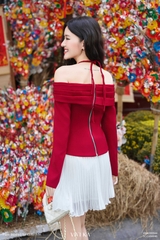 Áo Rose tay dài kiểu trễ vai đính charm