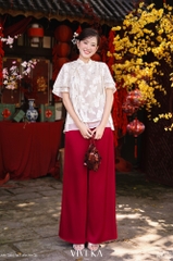 Áo Thụy Vân tay xếp tơ kem