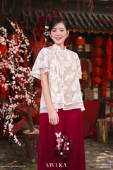 Áo Thụy Vân tay xếp tơ kem