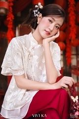 Áo Thụy Vân tay xếp tơ kem