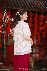 Áo Thụy Vân tay xếp tơ kem