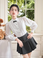 Áo Colette trắng cổ ren tay dài phối nơ