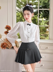 Áo Colette trắng cổ ren tay dài phối nơ