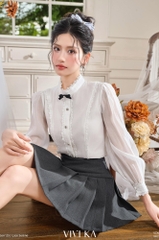 Áo Colette trắng cổ ren tay dài phối nơ
