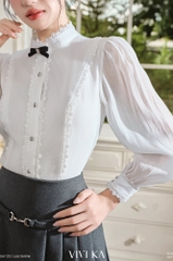 Áo Colette trắng cổ ren tay dài phối nơ