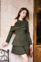 Set Jasper áo tay dài lệch vai phối hoa + quần short