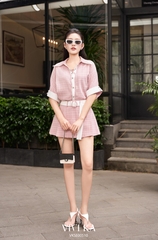 Set Clover áo sơ mi phối dây xỏ khoen kèm belt+chân váy