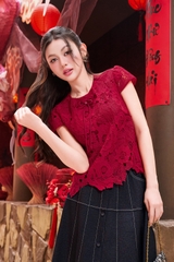 Áo Vela ren hoa cổ tròn phối nơ cài