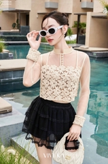 Áo ren lưới tay dài thêu xù