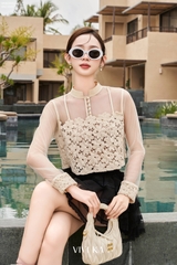 Áo ren lưới tay dài thêu xù
