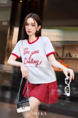Áo thun cổ tròn thêu xù