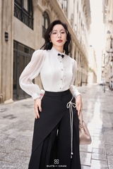 Áo Colette trắng cổ ren tay dài phối nơ